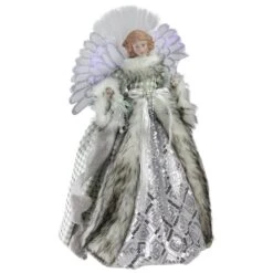 Northlight 16" Lighted Fiber Optic Angel In Silver Gingham Coat Tree Topper