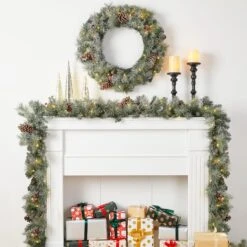 Glitzhome® 24" Pre-Lit Glittered Pinecone Christmas Wreath & Matched 9ft. Garlands Set -Michaels X-Mas Decor D493614S 2