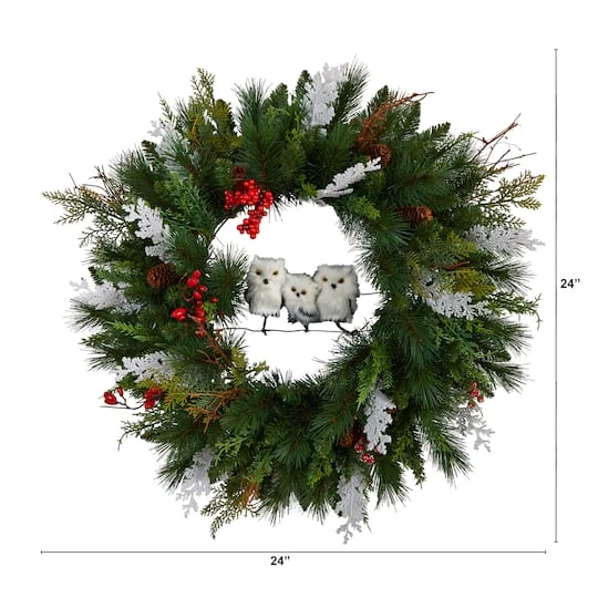 24" Holiday Winter Owl Family Pinecone Berry Christmas Wreath 5 24" Holiday Winter Owl Family Pinecone Berry Christmas Wreath - Image 3