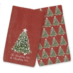 Oh Christmas Tree On Red Background Tea Towel Set