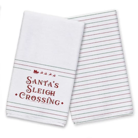 Santas Sleigh Crossing Stripes Tea Towels - Set Of 2 3 Santas Sleigh Crossing Stripes Tea Towels - Set Of 2