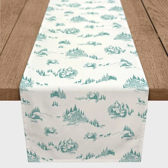 Snowy Town Teal 16x90 Poly Twill Table Runner 5 Snowy Town Teal 16x90 Poly Twill Table Runner - Image 3