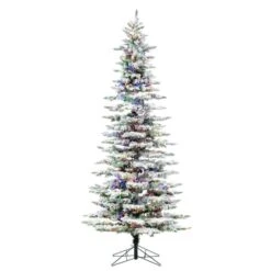 9ft. Pre-Lit Flocked Utica Fir Slim Artificial Christmas Tree, Multi-Colored LED Lights