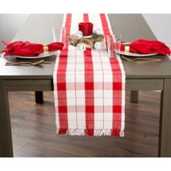 DII® 72" Red Tinsel Plaid Fringed Table Runner -Michaels X-Mas Decor D540107S 7