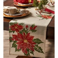 DII® 70" Cream Poinsettia Holly Embroidered Table Runner -Michaels X-Mas Decor D540119S 3