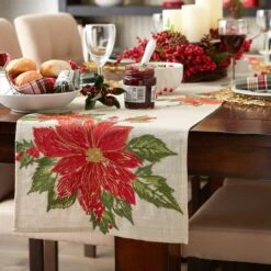 DII® 70" Cream Poinsettia Holly Embroidered Table Runner -Michaels X-Mas Decor D540119S 5