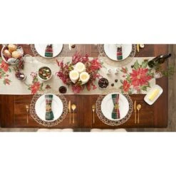 DII® 70" Cream Poinsettia Holly Embroidered Table Runner -Michaels X-Mas Decor D540119S 7
