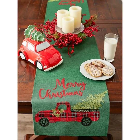 DII® 70" Green Merry Christmas Truck Embroidered Table Runner 8 DII® 70" Green Merry Christmas Truck Embroidered Table Runner - Image 6