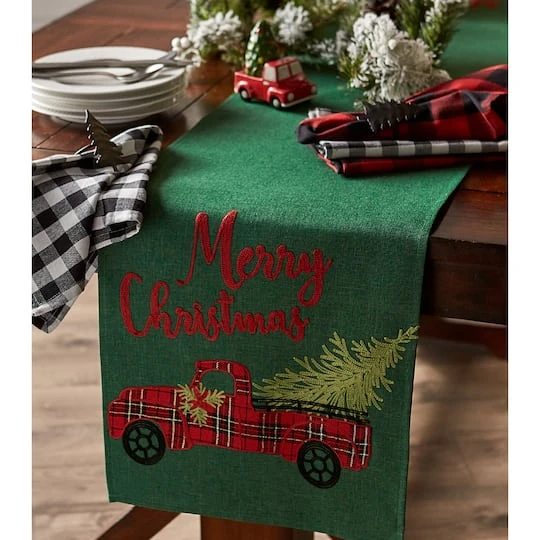 DII® 70" Green Merry Christmas Truck Embroidered Table Runner 10 DII® 70" Green Merry Christmas Truck Embroidered Table Runner - Image 8