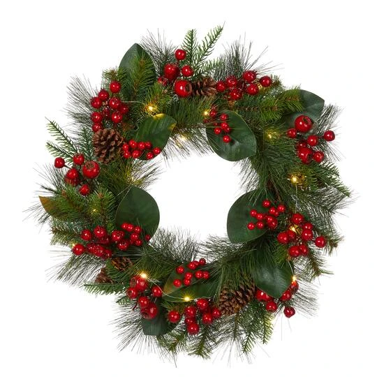Glitzhome® 24" Pre-Lit Berry, Magnolia Leaf & Pinecone Wreath 4 Glitzhome® 24" Pre-Lit Berry, Magnolia Leaf & Pinecone Wreath - Image 2