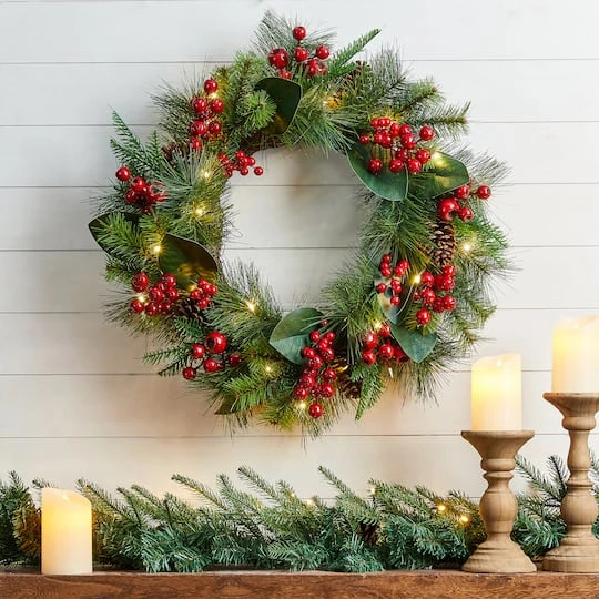 Glitzhome® 24" Pre-Lit Berry, Magnolia Leaf & Pinecone Wreath 10 Glitzhome® 24" Pre-Lit Berry, Magnolia Leaf & Pinecone Wreath - Image 8