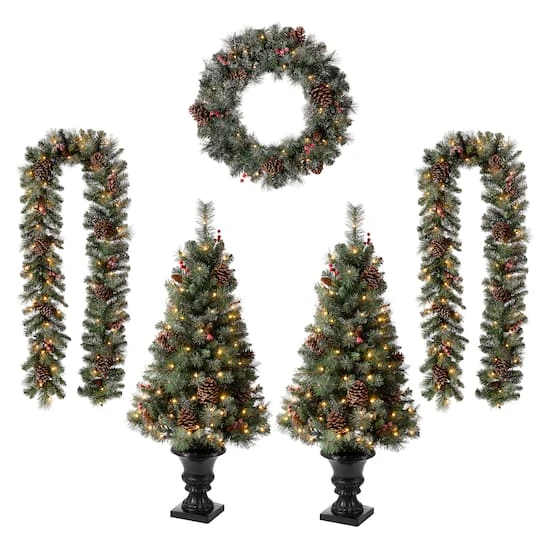 5-Piece Pre-Lit Glittered Pinecone Christmas Wreath, Garland & Flocked Christmas Tree, Warm White Lights 4 5-Piece Pre-Lit Glittered Pinecone Christmas Wreath, Garland & Flocked Christmas Tree, Warm White Lights - Image 2