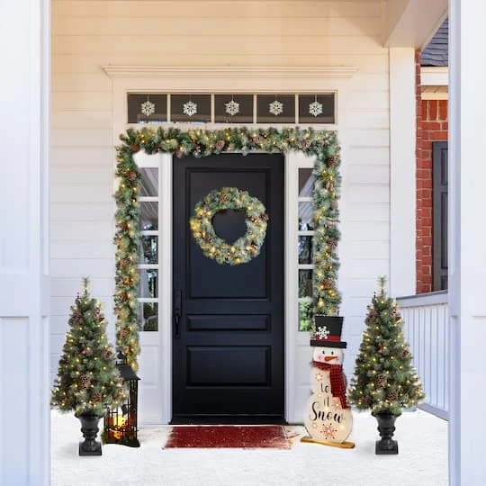 5-Piece Pre-Lit Glittered Pinecone Christmas Wreath, Garland & Flocked Christmas Tree, Warm White Lights 5 5-Piece Pre-Lit Glittered Pinecone Christmas Wreath, Garland & Flocked Christmas Tree, Warm White Lights - Image 3