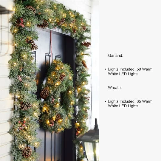 5-Piece Pre-Lit Glittered Pinecone Christmas Wreath, Garland & Flocked Christmas Tree, Warm White Lights 7 5-Piece Pre-Lit Glittered Pinecone Christmas Wreath, Garland & Flocked Christmas Tree, Warm White Lights - Image 5