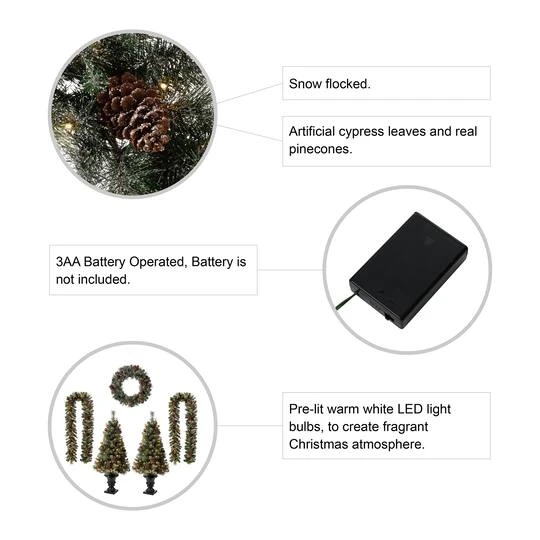 5-Piece Pre-Lit Glittered Pinecone Christmas Wreath, Garland & Flocked Christmas Tree, Warm White Lights 8 5-Piece Pre-Lit Glittered Pinecone Christmas Wreath, Garland & Flocked Christmas Tree, Warm White Lights - Image 6