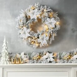 Glitzhome® 24" Pre-Lit Snow Flocked Greenery Pine Poinsettia Christmas Wreath -Michaels X-Mas Decor D652255S 2