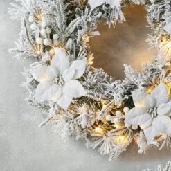 Glitzhome® 24" Pre-Lit Snow Flocked Greenery Pine Poinsettia Christmas Wreath -Michaels X-Mas Decor D652255S 4