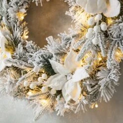 Glitzhome® 24" Pre-Lit Snow Flocked Greenery Pine Poinsettia Christmas Wreath -Michaels X-Mas Decor D652255S 5