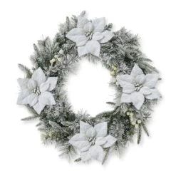 Glitzhome® 24" Pre-Lit Snow Flocked Greenery Pine Poinsettia Christmas Wreath -Michaels X-Mas Decor D652255S 7
