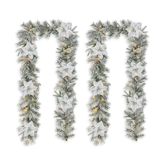 Glitzhome® 2 Pack 9ft. Pre-Lit Snow Flocked Greenery Pine Poinsettia Christmas Garland 4 Glitzhome® 2 Pack 9ft. Pre-Lit Snow Flocked Greenery Pine Poinsettia Christmas Garland - Image 2