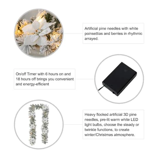 Glitzhome® 2 Pack 9ft. Pre-Lit Snow Flocked Greenery Pine Poinsettia Christmas Garland 8 Glitzhome® 2 Pack 9ft. Pre-Lit Snow Flocked Greenery Pine Poinsettia Christmas Garland - Image 6