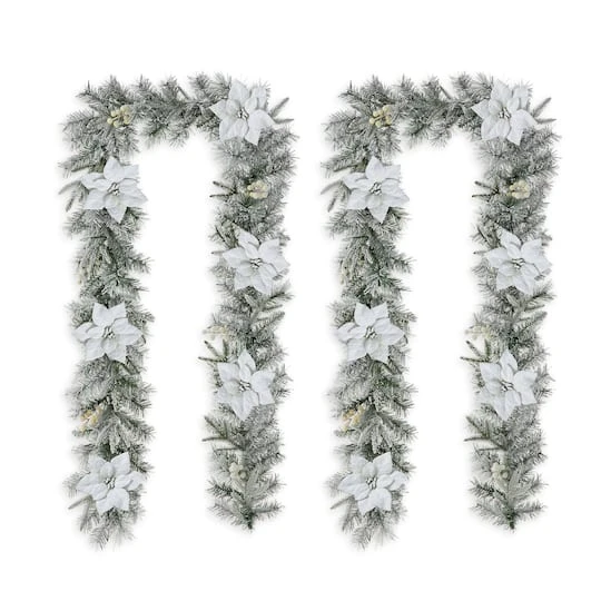 Glitzhome® 2 Pack 9ft. Pre-Lit Snow Flocked Greenery Pine Poinsettia Christmas Garland 9 Glitzhome® 2 Pack 9ft. Pre-Lit Snow Flocked Greenery Pine Poinsettia Christmas Garland - Image 7