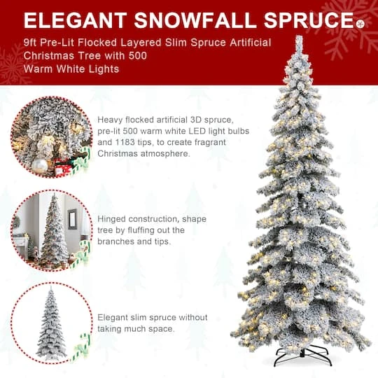 9ft. Pre-Lit Flocked Layered Spruce Artificial Christmas Tree, Warm White LED Lights 11 9ft. Pre-Lit Flocked Layered Spruce Artificial Christmas Tree, Warm White LED Lights - Image 9