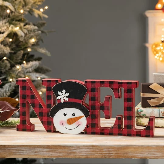 Glitzhome® 15'' NOEL Wooden Christmas Plaid Table Décor 3 Glitzhome® 15'' NOEL Wooden Christmas Plaid Table Décor