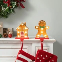 Glitzhome® Marquee LED Gingerbread House & Gingerbread Man Christmas Stocking Holder Set -Michaels X-Mas Decor D652344S 3
