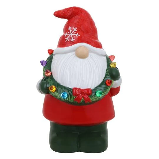 12" Nostalgic Ceramic Gnome Figure With LED Wreath 4 12" Nostalgic Ceramic Gnome Figure With LED Wreath - Image 2