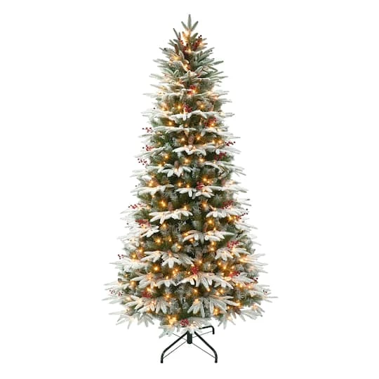 6.5ft. Pre-Lit Flocked Slim Halifax Fir Artificial Christmas Tree With Red Berries & Pinecones, Clear Lights 4 6.5ft. Pre-Lit Flocked Slim Halifax Fir Artificial Christmas Tree With Red Berries & Pinecones, Clear Lights - Image 2