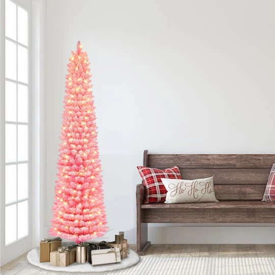 6.5ft. Pre-Lit Flocked Fashion Pink Artificial Christmas Tree, Clear Lights 6 6.5ft. Pre-Lit Flocked Fashion Pink Artificial Christmas Tree, Clear Lights - Image 4