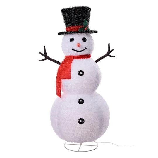 Haute Decor 4ft. LED Lighted Collapsible Tinsel Fabric Snowman 5 Haute Decor 4ft. LED Lighted Collapsible Tinsel Fabric Snowman - Image 3