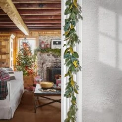 9" Christmas Magnolia Mix Pine Garland With Fabric Bow, Warm White LED Lights -Michaels X-Mas Decor D675899S 2