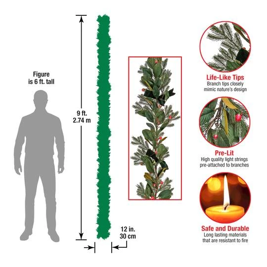 9ft. Magnolia Mix Pine Garland With LED Lights & Bows 10 9ft. Magnolia Mix Pine Garland With LED Lights & Bows - Image 8