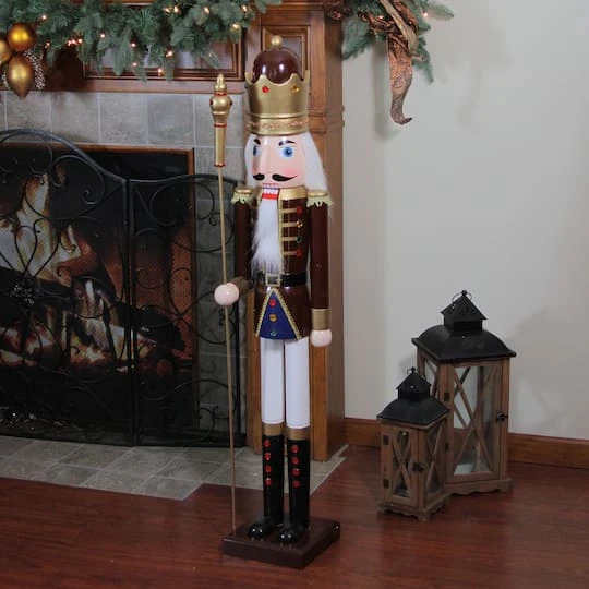 Northlight 48'' Brown And White Wooden Christmas Nutcracker King With Scepter Decoration 7 Northlight 48'' Brown And White Wooden Christmas Nutcracker King With Scepter Decoration - Image 5