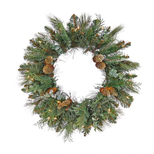 First Traditions™ 24'' Pre-Lit Artificial North Conway Wreath With Glittery Cones And Eucalyptus 4 First Traditions™ 24'' Pre-Lit Artificial North Conway Wreath With Glittery Cones And Eucalyptus - Image 2