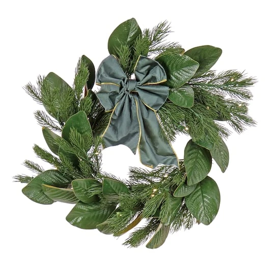 24'' LED Magnolia Mix Pine Wreath With Fabric Bow 3 24'' LED Magnolia Mix Pine Wreath With Fabric Bow