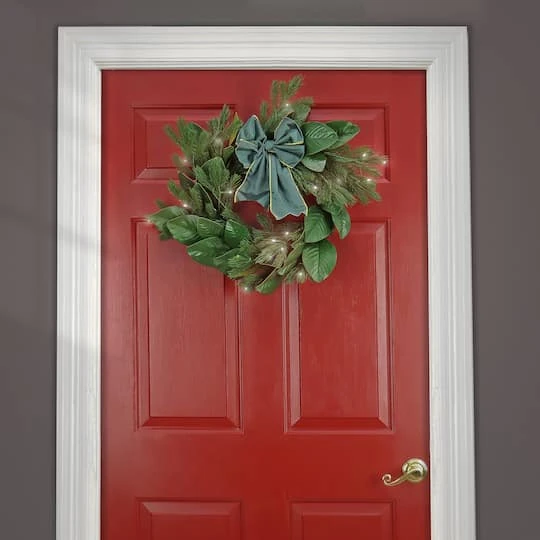 24'' LED Magnolia Mix Pine Wreath With Fabric Bow 5 24'' LED Magnolia Mix Pine Wreath With Fabric Bow - Image 3