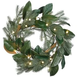 24" Warm White LED Magnolia Mix Pine Wreath