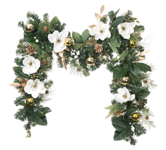 9ft. Pre-Lit Artificial White & Gold Magnolia Christmas Garland White Gold Magnolia 6 9ft. Pre-Lit Artificial White & Gold Magnolia Christmas Garland White Gold Magnolia - Image 4
