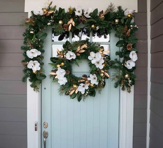 9ft. Pre-Lit Artificial White & Gold Magnolia Christmas Garland White Gold Magnolia 9 9ft. Pre-Lit Artificial White & Gold Magnolia Christmas Garland White Gold Magnolia - Image 7