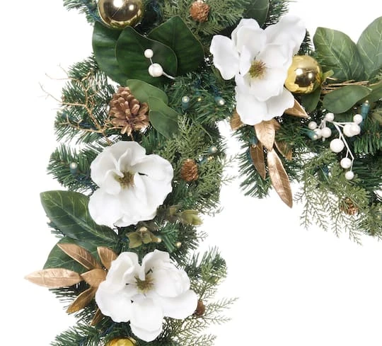 9ft. Pre-Lit Artificial White & Gold Magnolia Christmas Garland White Gold Magnolia 3 9ft. Pre-Lit Artificial White & Gold Magnolia Christmas Garland White Gold Magnolia