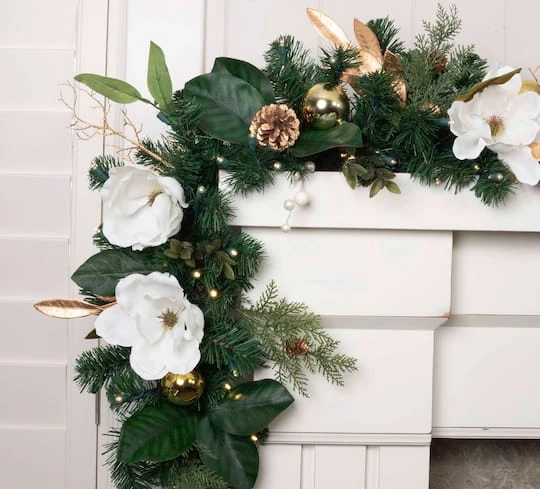 9ft. Pre-Lit Artificial White & Gold Magnolia Christmas Garland White Gold Magnolia 7 9ft. Pre-Lit Artificial White & Gold Magnolia Christmas Garland White Gold Magnolia - Image 5