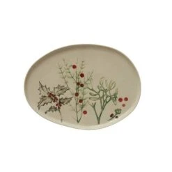 Hello Honey® 13.75" Oval Holiday Botanical Debossed Crackle Glaze Stoneware Platter