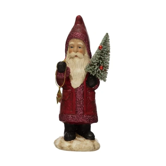 Hello Honey® 8" Recycled Paper Mache Red Santa With Bottle Brush Tree 3 Hello Honey® 8" Recycled Paper Mache Red Santa With Bottle Brush Tree