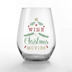 15oz. Wine & Christmas Movies Printed Stemless Wine Glass